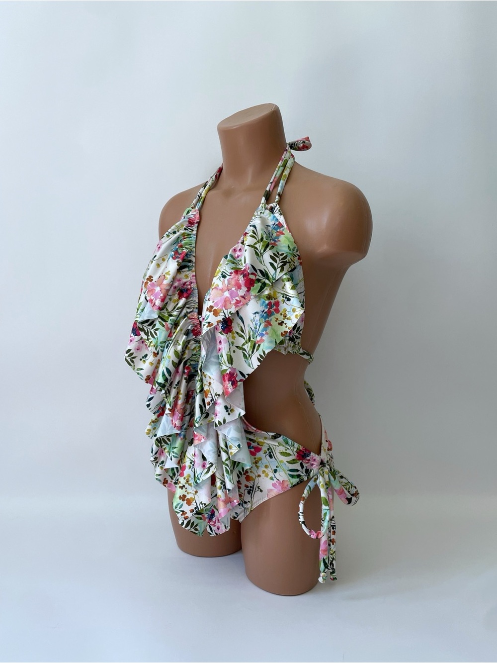 Ruffled Floral Halter One-Piece Swimsuit - Pink & Green - Picture 17 of 17